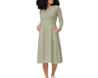 Jewish Dress Star of David Print Long Sleeve Modest Midi Dress with Pockets Hebrew Inspired Judaica Clothing Earth Tone Spiritual Gift Jewish Dress Star of David Print Long Sleeve Modest Midi Dress with Pockets Hebrew Inspired Judaica Clothing Earth Tone Spiritual Gift