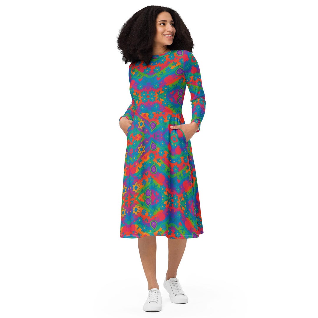 Jewish Modest Dress Long Sleeve Midi Dress With Pockets Colorful ...