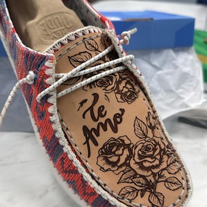 Womens Hey Dudes, Te Amo, Customized, Leather engraved.