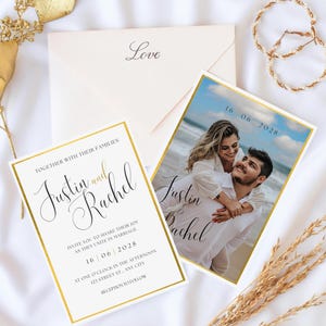 May include: Wedding invitation suite featuring a photo card and invitation with gold borders. The invitation reads "Justin and Rachel" and includes the wedding date. An envelope with the word "Love" is also included.