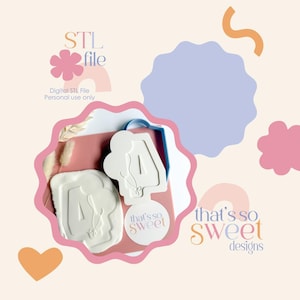 May include: White number 4 cookie cutters with balloon and bow details, along with a matching stamp. The image includes the text "STL file" and "that's so sweet designs" on a light pink and cream background.