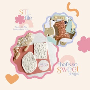 May include: A selection of cookies and decorative items. The cookies include a giraffe, a number one, and a jeep. There are also textured fondant stamps and the text "that's so sweet designs" and "STL file".