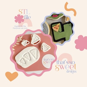 May include: Image of pizza-themed cookie cutters and a decorated cookie. The cookie cutters are white and shaped like pizza slices. The decorated cookie is green with a pizza slice on top. Text includes "STL file" and "that's so sweet designs."