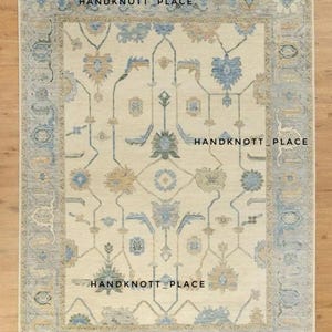 9x12 Ivory Blue Oushak Rug Hand Knotted Wool Area Carpet 8x10 Traditional Turkish Rug Neutral Soft Floral Rug 10x14 for Living Room Decor