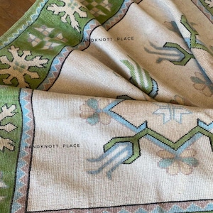 Vintage Turkish Oushak Rug Hand Knotted Wool Area Rug in Soft Green & Beige Geometric Tribal Design 8x10/9x12/10x14ft Boho Home Decor Rug