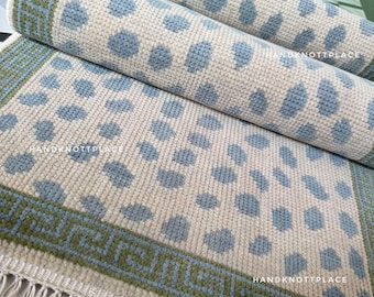 Blau & Elfenbein Moderner Oushak Läufer Teppich Geknüpfter Läufer 700x200 Minimalistisches Muster Flur Läufer Lang Geknüpfter Wollteppich für Küche