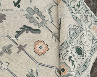 Muted Oushak Handgeknüpfter Wollteppich 8x10 / 9x12 Türkischer Stil Teppich Beige Grün Boho Decor Traditioneller Orientteppich Benutzerdefinierte Größe Verfügbar