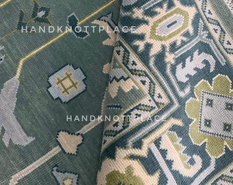 Green Modern Oushak Hand Knotted Wool Rug 8x10/9x12/10x14 Turkish Style Area Rug Large Vintage Look Rug Traditional Oriental Living Room Rug