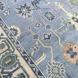 Muted Blue Oushak Hand Knotted Wool Rug 8x10/9x12/10x14 Turkish Style Area Rug Large Vintage Look Rug Traditional Oriental Living Room Rug