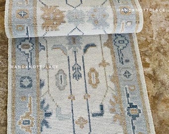 Weicher Blauer Türkischer Wollteppich Handgeknüpfter Oushak-Teppich im Vintage-Stil 60x40 cm Neutraler Teppich Helle Gedämpfte Töne Flurdekor