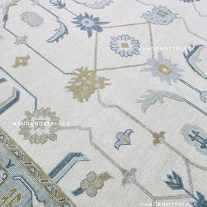 Soft Blue Beige Turkish Wool Rug Hand Knotted Oushak Rug 8x10/9x12/10x14 Vintage Style Neutral Area Rug Light Muted Tones Living Room Decor