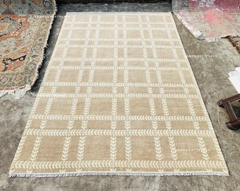 Oushak Rug 8x10/9x12 Beige Knotted Wool Rug Neutral Geometric Pattern Rug Modern Farmhouse Living Room Rug Handmade Oushak Rug for Bedroom