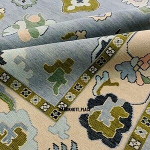 Blue Green Hand Knotted Wool Rug Floral Oushak Carpet 6x9/8x10/9x12/10x14 ft Traditional Turkish Style Rug Soft Pastel Oriental Area Rug