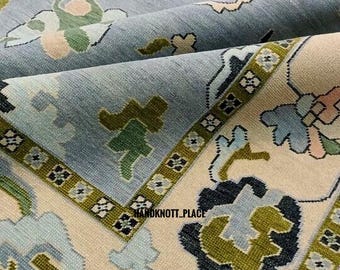 Blue Green Hand Knotted Wool Rug Floral Oushak Carpet 6x9/8x10/9x12/10x14 ft Traditional Turkish Style Rug Soft Pastel Oriental Area Rug
