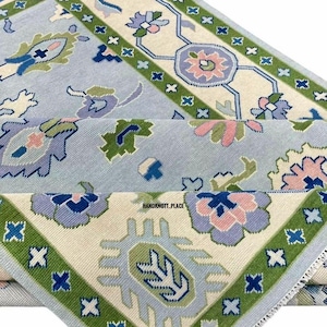 Pastel Blue Green Hand Knotted Rug Floral Wool Oushak Rug 6x9/8x10/9x12 ft Traditional Turkish Rug Soft Boho Area Rug for Living Room