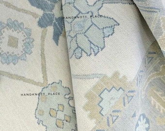 Soft Blue Beige Turkish Wool Rug Hand Knotted Oushak Rug 8x10/9x12/10x14 Vintage Style Neutral Area Rug Light Muted Tones Living Room Decor