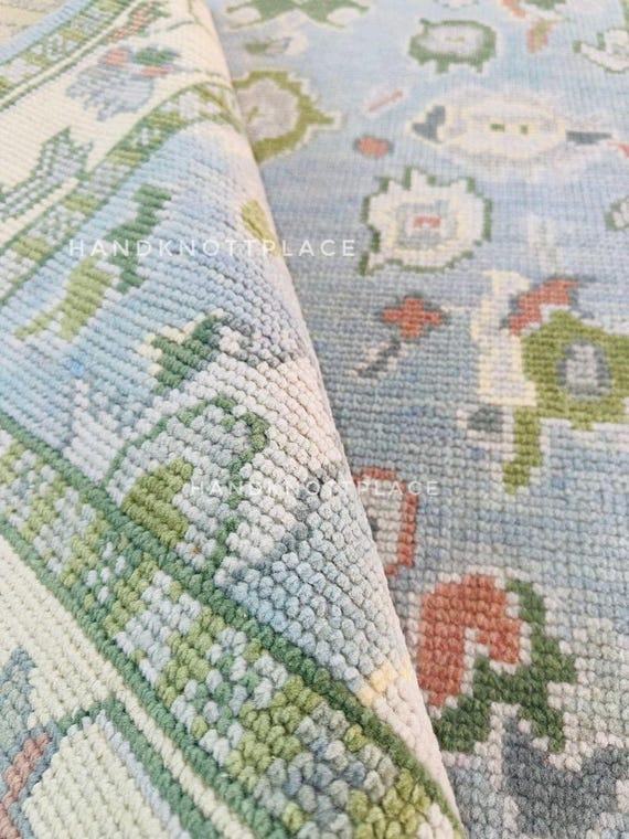 Pastel Blue Green Oushak Rug 8x10 /9x12 Hand Knotted Wool Vintage Area Rug Turkish Design Floral Carpet Soft Muted Tones Living Room Decor