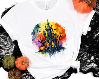 Watercolor Haunted House Halloween Shirt: Spooky Gothic Tee