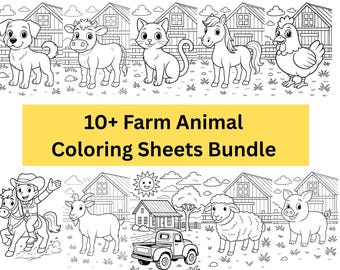 Farm Animal Coloring Page Bundle, Digital Coloring Book, Kids Activity Page, Printable Learning, Art Gift, Learning Printables, Coloring Fun