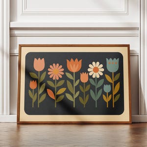 Retro Flower Wall Art Printable – Scandinavian Folk Floral Poster, Pastel Botanical Print, Mid-Century Modern Decor, Digital Download