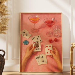 Poker Night Wall Art Printable , Retro Cocktail & Playing Cards Poster, Casino Bar Decor, Digital Download