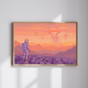 Arte mural surrealista de astronauta, decoración de pared de ciencia ficción con medusas y flores, póster de paisaje de fantasía cósmica, descarga digital espacial