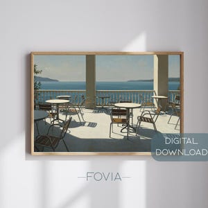 Impresión digital de arte mural con terraza de cafetería junto al mar, póster con vista serena al océano, decoración de pared costera mediterránea, descarga de escena de balcón soleado, regalo