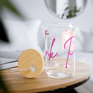 Pink Sipper Glass, 16oz - Think Pink Glass Cup, Girly Drinking Cup, Cute Beverage Tumbler, Pretty Glassware, Fun Party Drinkware