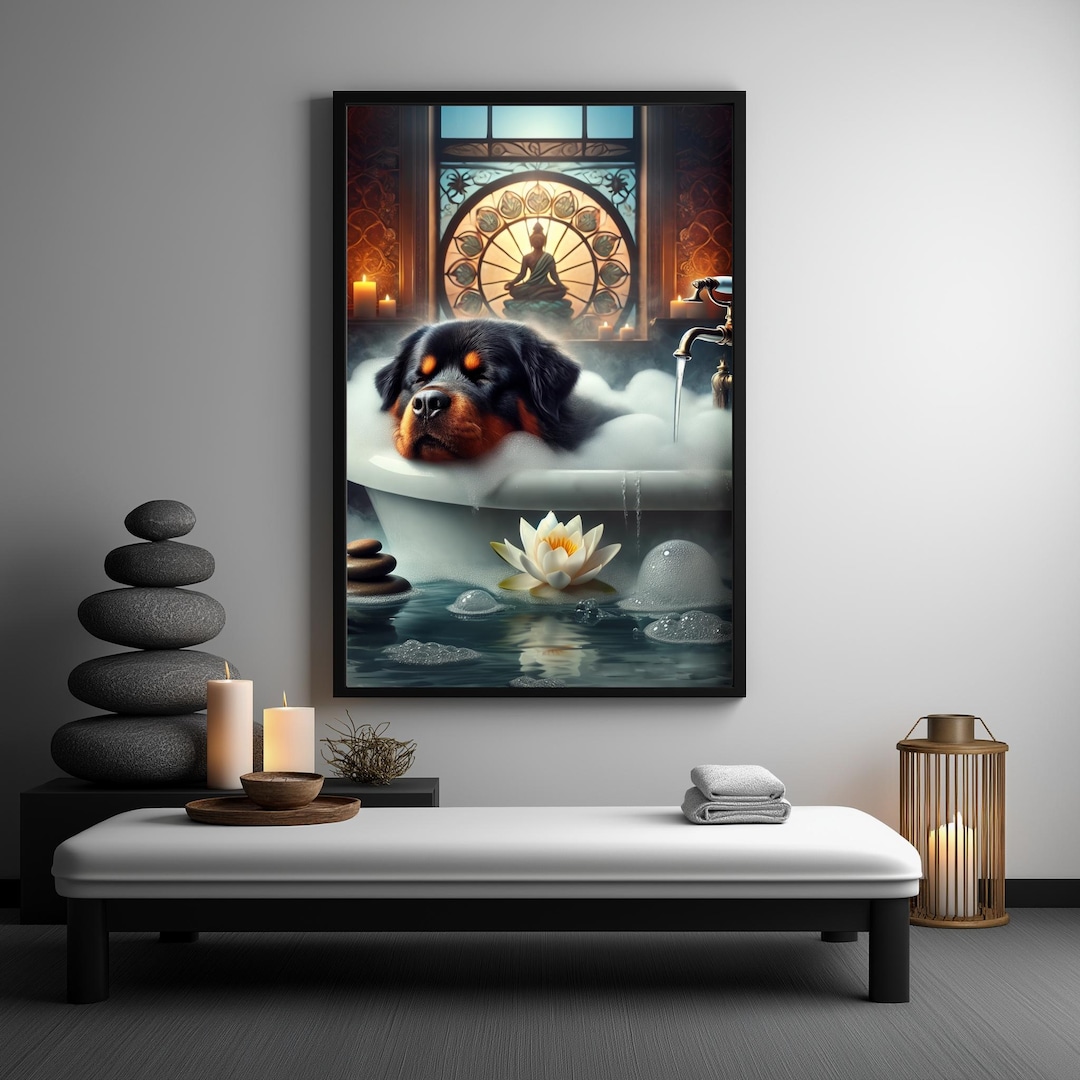 Zen Rottweiler Bathroom Wall Art, Funny Dog Bathtub Digital Print ...