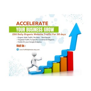 Puede incluir: Imagen con el texto "ACELERA EL CRECIMIENTO DE TU NEGOCIO". Una figura blanca sube una escalera azul que se convierte en una flecha azul. La escalera está sostenida por barras de colores. El texto también menciona "250 visitas diarias de tráfico web orgánico durante 30 días".