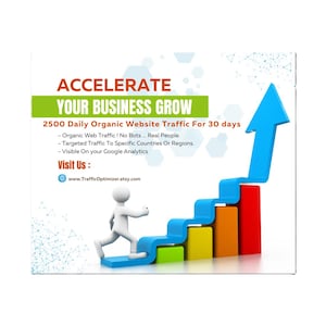 Puede incluir: Imagen que promueve el crecimiento empresarial con el texto « ACCELERA EL CRECIMIENTO DE TU NEGOCIO ». Una figura blanca sube una escalera azul que conduce a una flecha azul. La imagen incluye el texto « 2500 visitas diarias de tráfico orgánico durante 30 días ».