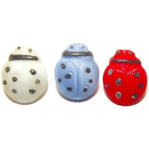 May include: Three ladybug-shaped buttons arranged in a row. The first button is white with black spots and a black head. The second button is light blue with black spots and a black head. The third button is bright red with black spots and a black head.