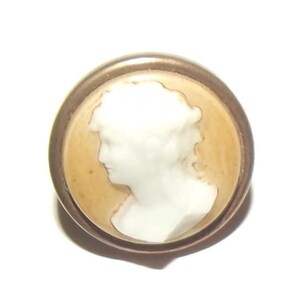 Puede incluir: Broche de camafeo redondo con un perfil blanco de mujer sobre un fondo beige. El camafeo está enmarcado por un metal color bronce. Una joya clásica.