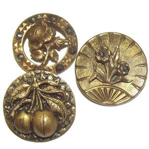 Antique Buttons ~ 3 Special Metal Buttons w/ Detailed Flowers