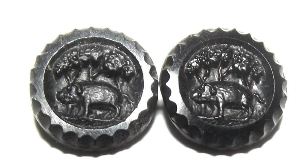 2 Small Antique Black Glass Buttons Wild Boar Pig in Field - Etsy