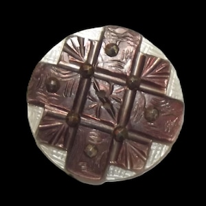 Antique Button ~ Large Compound Pearl Button Carved Design & Cut Steel Embellishments