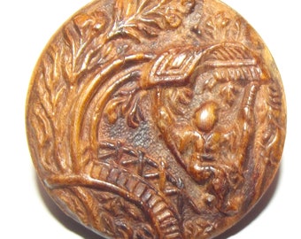 Vintage Button Awesome Pressed Wood Button Detailed Person on a Swing!