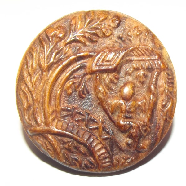 Vintage Button Awesome Pressed Wood Button Detailed Person on a Swing!