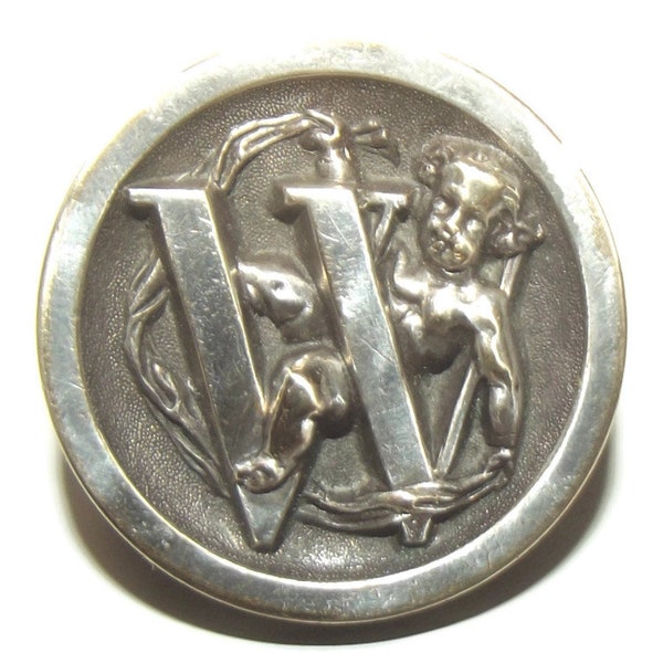 Antique Button ~ Lovely Antique Silver Stud Button Cherub Intertwined in the letter W