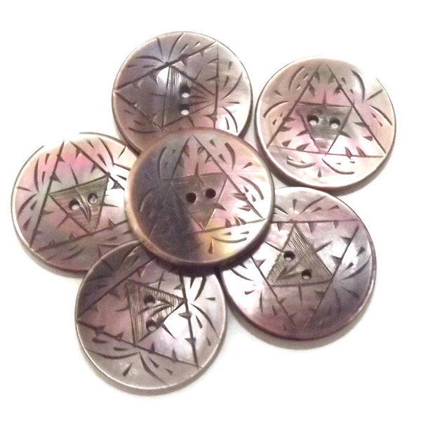 Antique Iridescent Tinted and Etched Abalone Pearl Buttons Set of 6