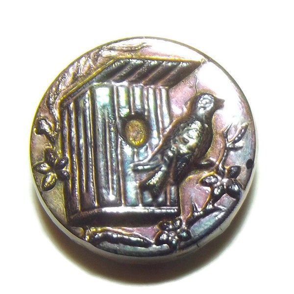 Antique Black Glass Button w/ Bird & Bird House Iridescent Carnival Luster