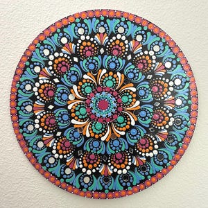 Levendige handgeschilderde mandala-stippelkunst op mdf-karton | Meditatieve wanddecoratie | Boho spiritueel woondecoratie | Uniek housewarmingcadeau