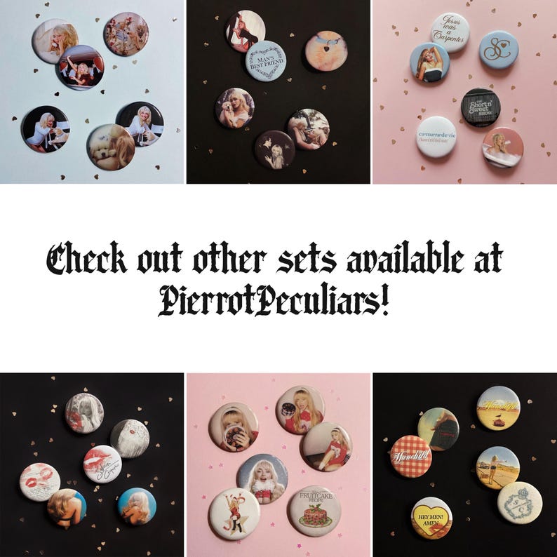 May include: A collection of circular pin-back buttons featuring various photographic prints, illustrations, and text designs including phrases like Jesus was a Carpenter, Man's Best Friend, and Hey Men Amen, arranged in multiple groups on different colored backgrounds.
