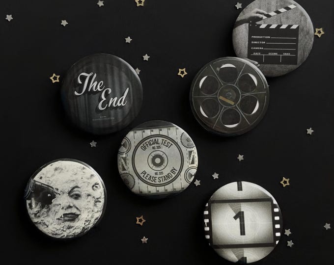 Retro Hollywood Film Inspired Aesthetic Handmade 1.25in pin button badge set | Cute Vintage Cinema VHS horror movie reel tote bag Pins