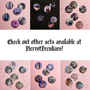 May include: A collection of circular pin-back buttons featuring various photographic portraits and graphic designs. The text "Check out other sets available at PierrotPeculiars!" is displayed in a black gothic-style font in the center.