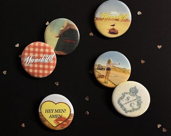 Sabrina Carpenter Manchild Music Video Inspired Aesthetic Handmade 1.25in pin button badge set | Short n Sweet Cute Pop Girly tote Pins