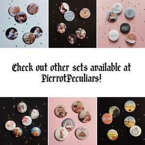 May include: A collection of circular pin-back buttons featuring various photographic prints, illustrations, and text designs including phrases like Jesus was a Carpenter, Man's Best Friend, and Hey Men Amen, arranged in multiple groups on different colored backgrounds.