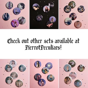 May include: A collection of circular pin-back buttons featuring various photographic portraits and graphic designs. The text "Check out other sets available at PierrotPeculiars!" is displayed in a black gothic-style font in the center.