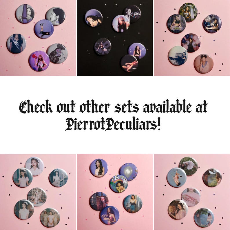 May include: A collection of circular pin-back buttons featuring various photographic portraits and graphic designs. The text "Check out other sets available at PierrotPeculiars!" is displayed in a black gothic-style font in the center.