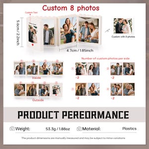May include: A white, foldable, block-style photo frame displaying eight custom photos. It measures 5.6 cm (2.2 inches) in height and 4.7 cm (1.85 inches) in width per panel. The frame is made of plastic and weighs 53.3 g (1.88 oz).